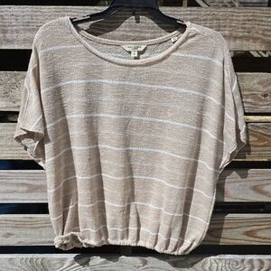 Max Studio Beige and White Striped Short Sleeve Top